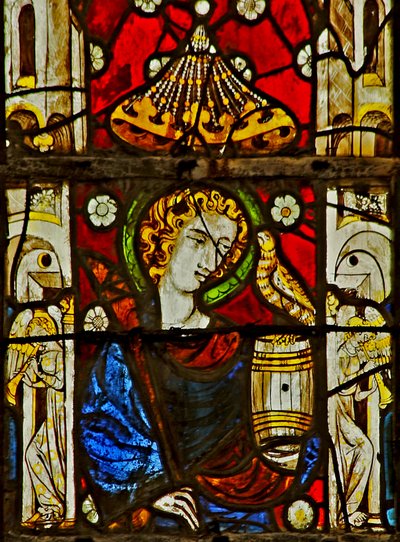 Window depicting Saint (probably John) and musical Angels in the sideshafts by French School